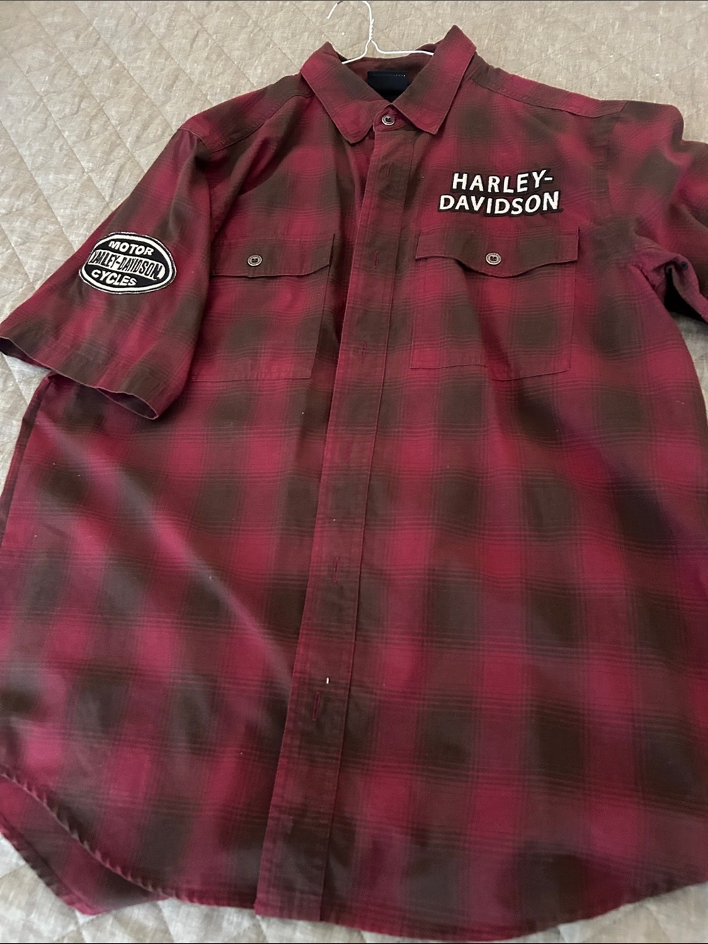 Harley-Davidson Red and Black Plaid Short-Sleeve Button-Down Shirt